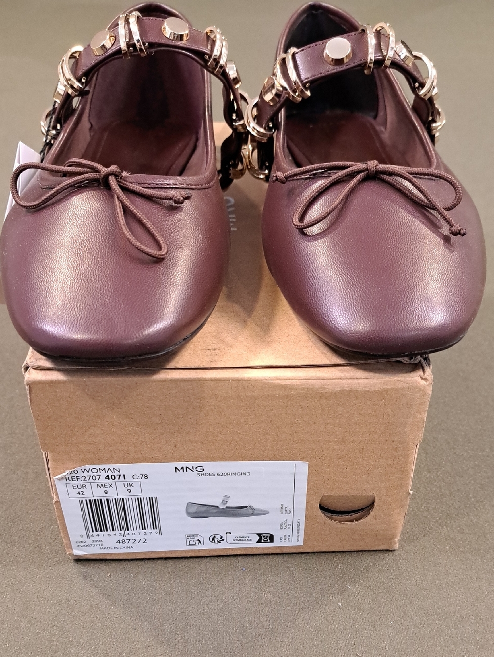 Mango Ballet flat w/ metallic strap details - Color: Burgundy/Gold - Size: EU42 - Picture 4 of 11